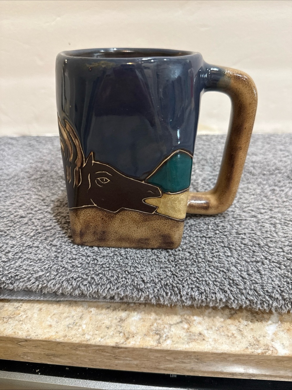 Mexican Pottery Wild Horses Coffee Mug Teal Blue Horse Cup Mara Signed Square
